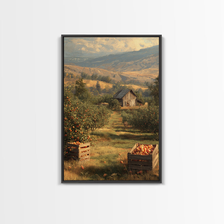 Classic Rustic Orchard Landscape Painting Framed Canvas Print For Farmhouse Decor And Country Home Wall Art