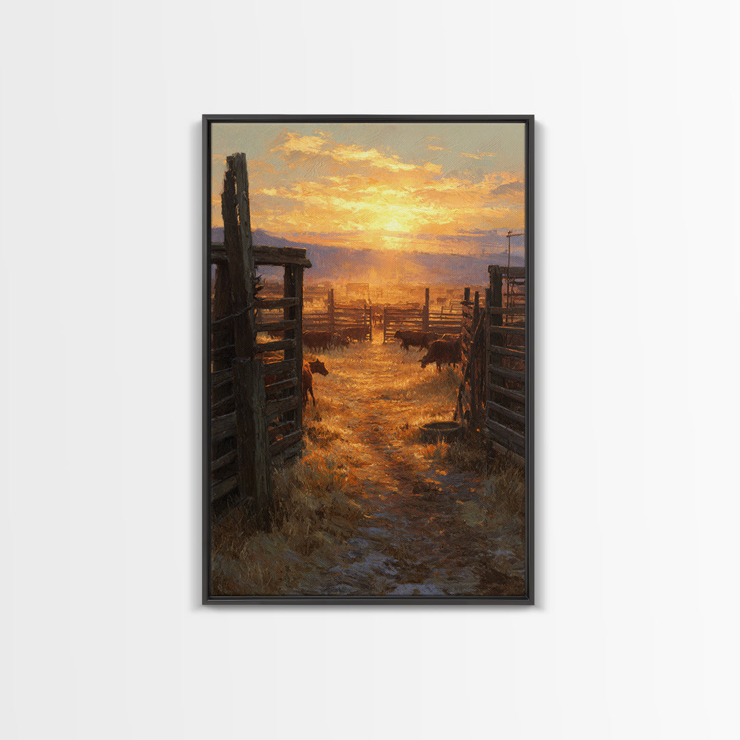Sunset Over Rustic Cattle Farm Landscape Wall Art Framed Canvas Print For Western Home Decor And Cozy Living Room