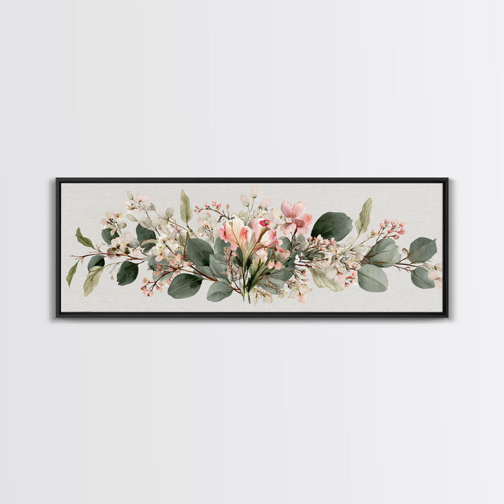 Soft Eucalyptus And Blush Magnolia Garland Wall Art, Panoramic Botanical Print, Neutral Floral Decor, Above Bed Canvas Print