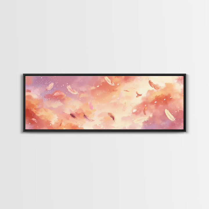 Pink Feather Cloud Sky Wall Art, Dreamy Celestial Canvas Print, Pastel Nursery Decor, Whimsical Bedroom Wall Decor, And Above Bed Art