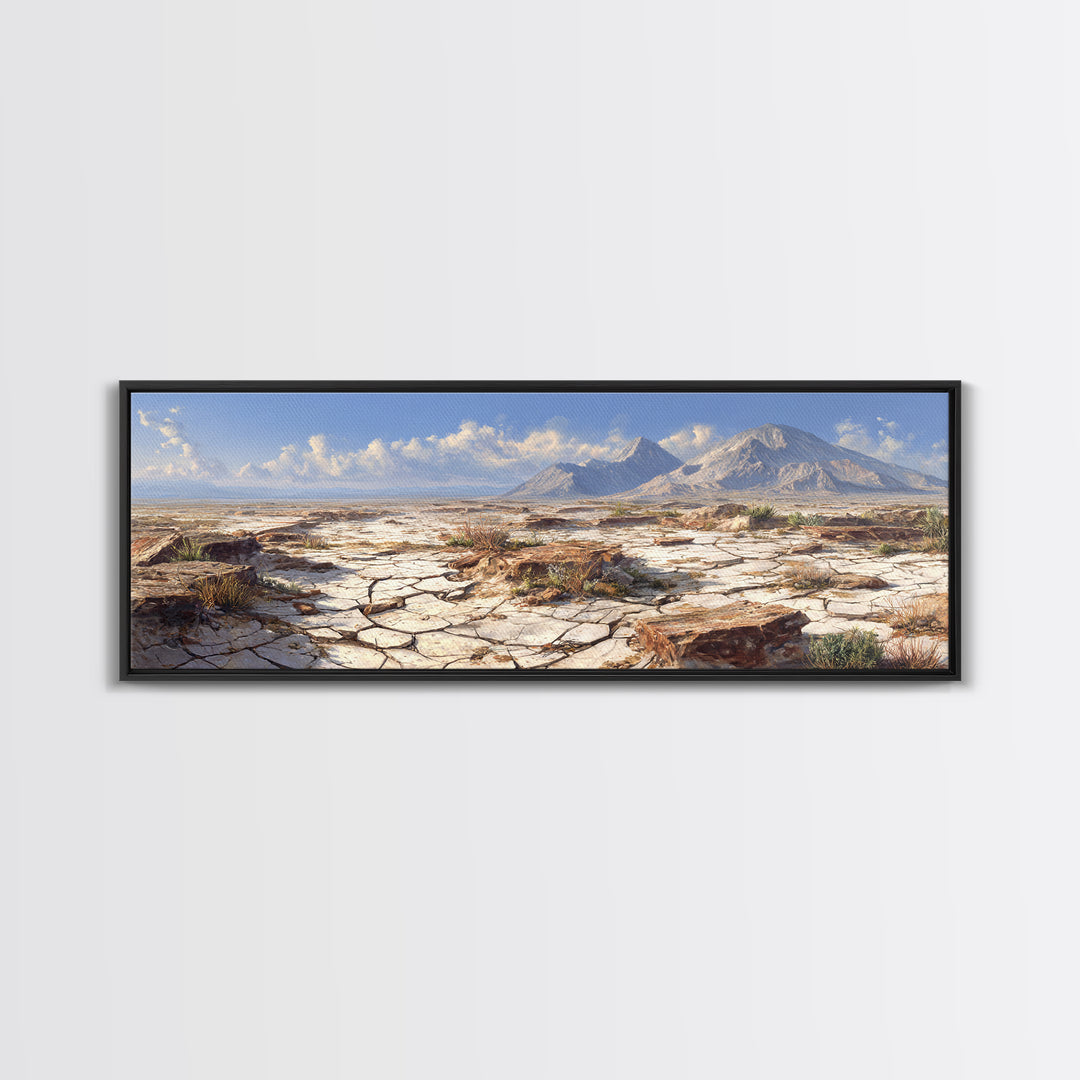 Cracked Desert Plain With Distant Mountains Wall Art, Southwestern Landscape Print, Earth Tone Home Decor, Large Canvas Print