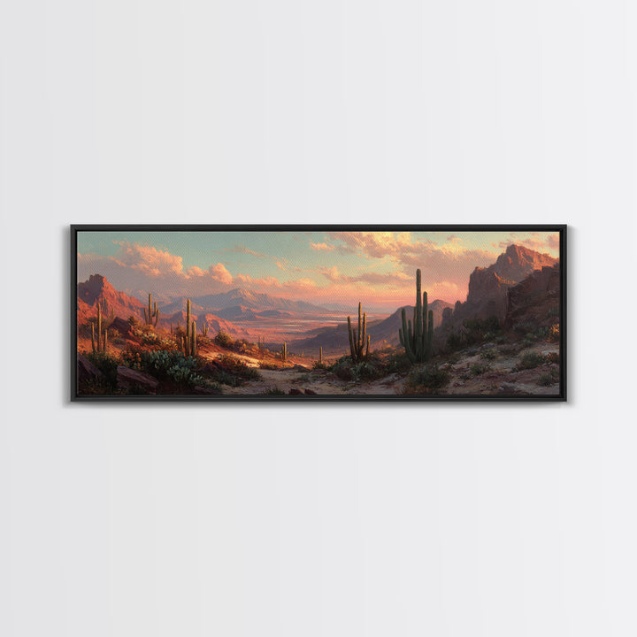 Desert Canyon Sunset With Saguaro Cactus Wall Art, Southwestern Landscape Framed Canvas Print, Rustic Home Decor For Living Room