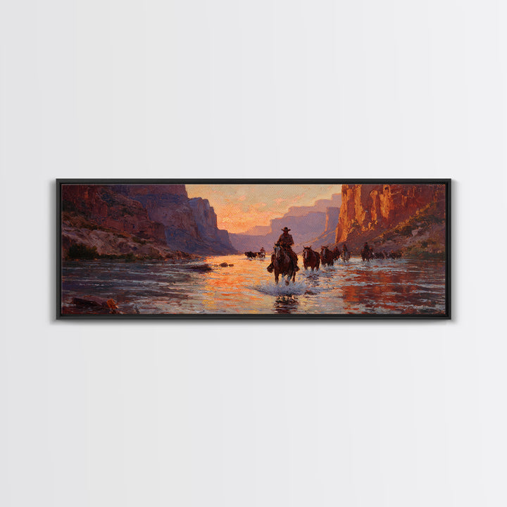 Cowboys Crossing River Canyon Framed Canvas Print, Large Western Wall Art, Sunset Landscape, Rustic Ranch Decor, Gift For Him