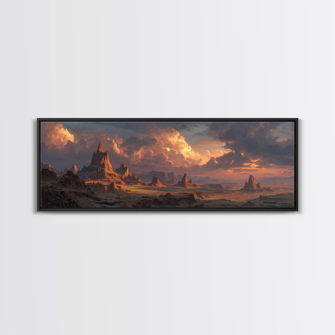 Epic Desert Spires At Sunset Canvas Print, Fantasy Landscape Wall Art For Game Room Decor, Southwestern Sci Fi Home Decor
