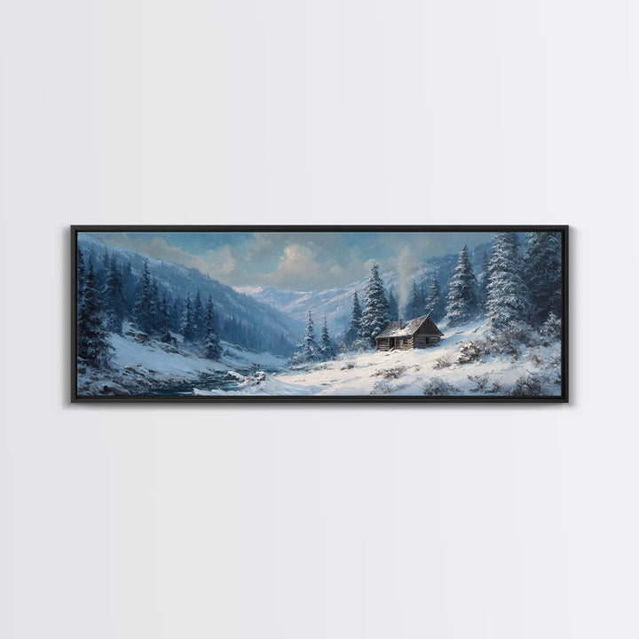 Snowy Mountain Cabin In Pine Forest, Winter Wall Art, Landscape Canvas Print, Rustic Lodge Decor, Cozy Cabin Decor, Nature Wall Art
