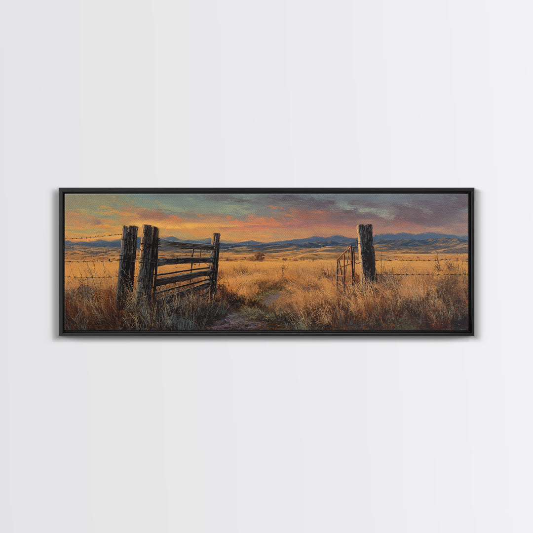 Weathered Fence And Golden Prairie Framed Canvas Print, Rustic Country Wall Art, Farmhouse Landscape, Warm Neutral Decor