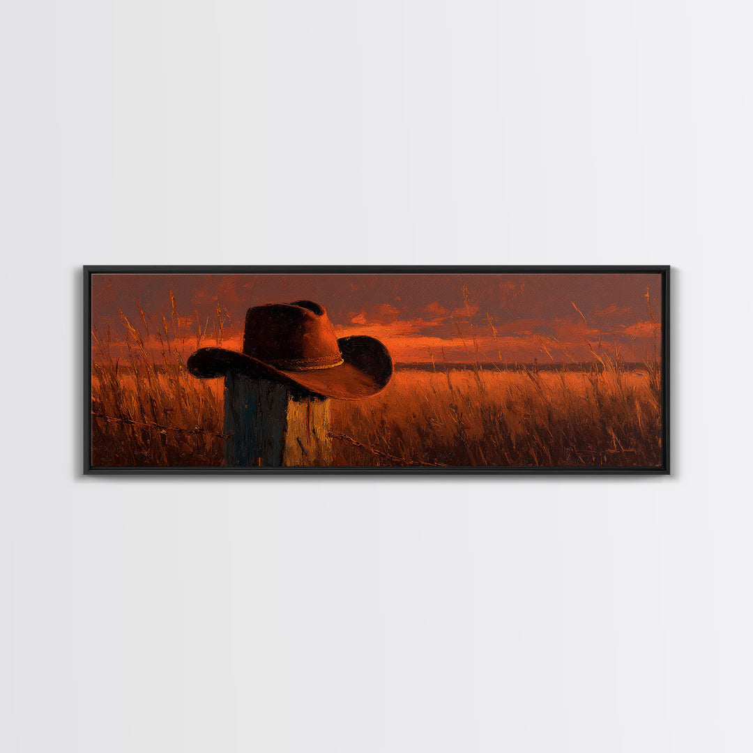 Weathered Cowboy Hat At Golden Sunset Wall Art, Western Ranch Decor, Rustic Country Landscape Print, Farmhouse Canvas Print