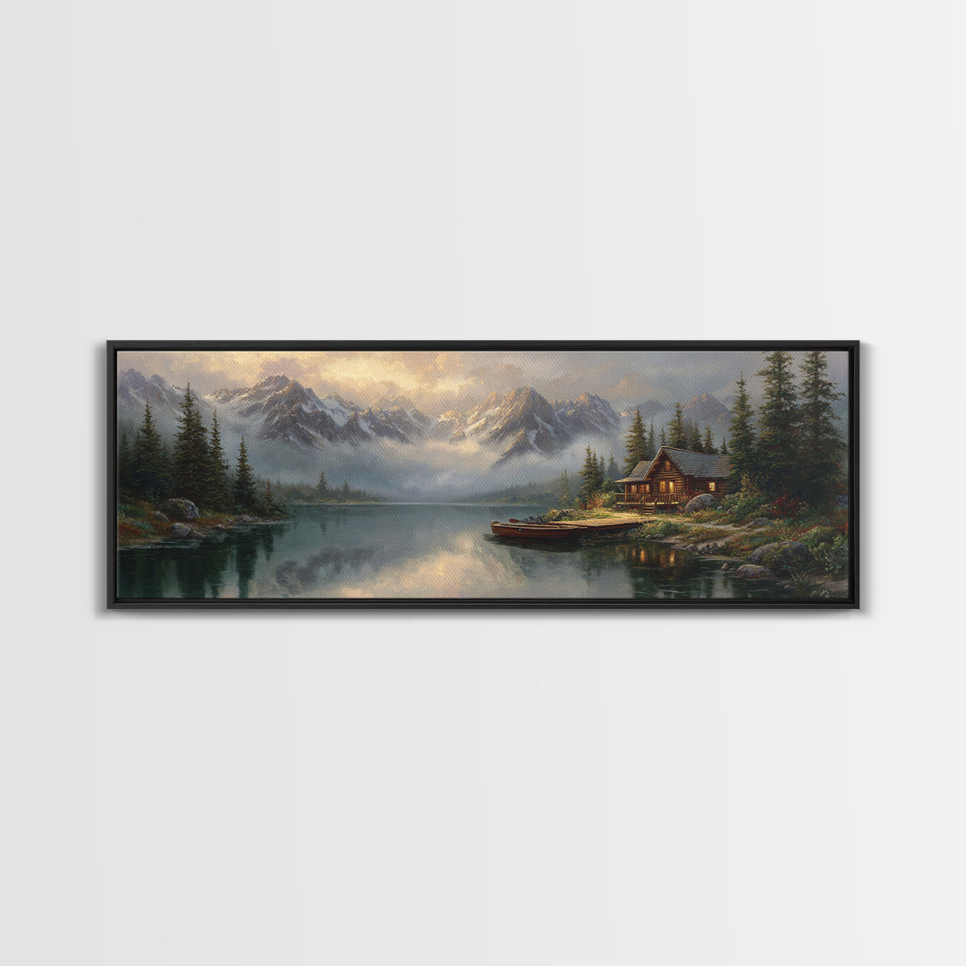 Mountain Lake Cabin Wall Art, Misty Alpine Landscape Canvas, Rustic Nature Decor, Large Horizontal Living Room Print, Housewarming Gift