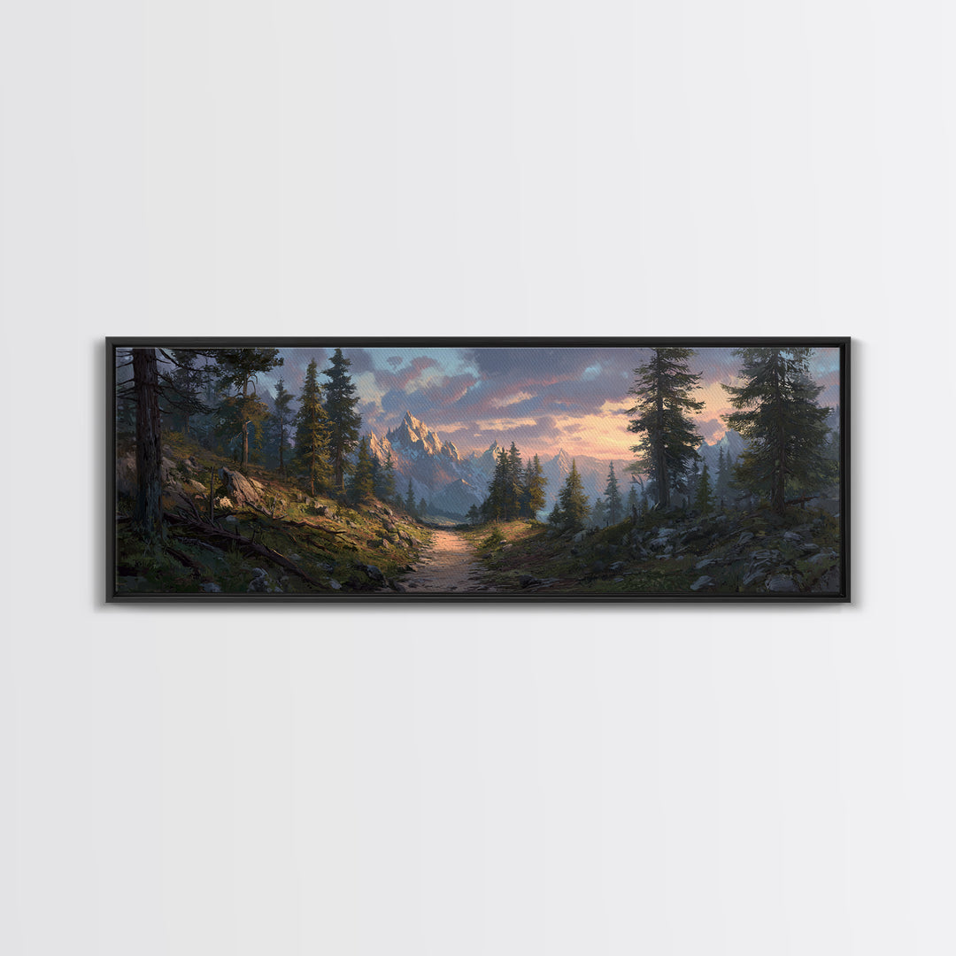 Misty Mountain Forest Trail Canvas Print, Panoramic Landscape Wall Art, Rustic Cabin Decor, Nature Print, Living Room Art