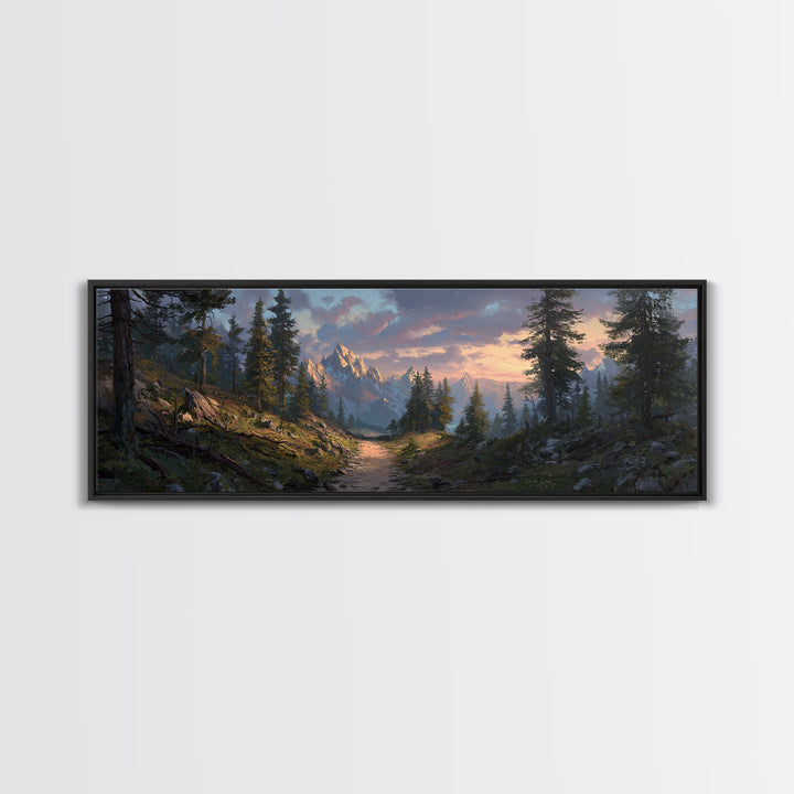 Misty Mountain Forest Trail Canvas Print, Panoramic Landscape Wall Art, Rustic Cabin Decor, Nature Print, Living Room Art