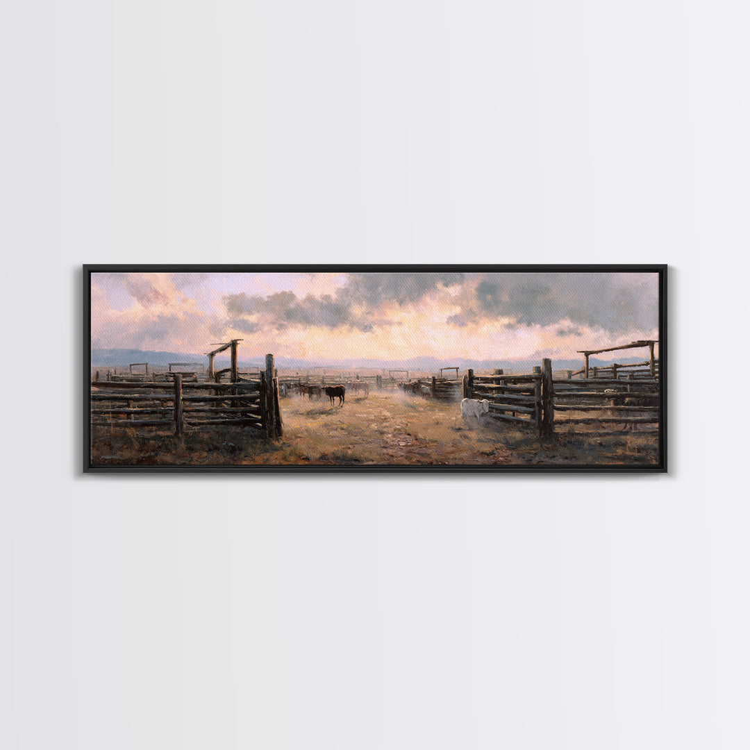 Rustic Cattle Corral At Sunset Wall Art, Western Ranch Canvas Print, Farmhouse Country Decor, Moody Landscape Gift For Him