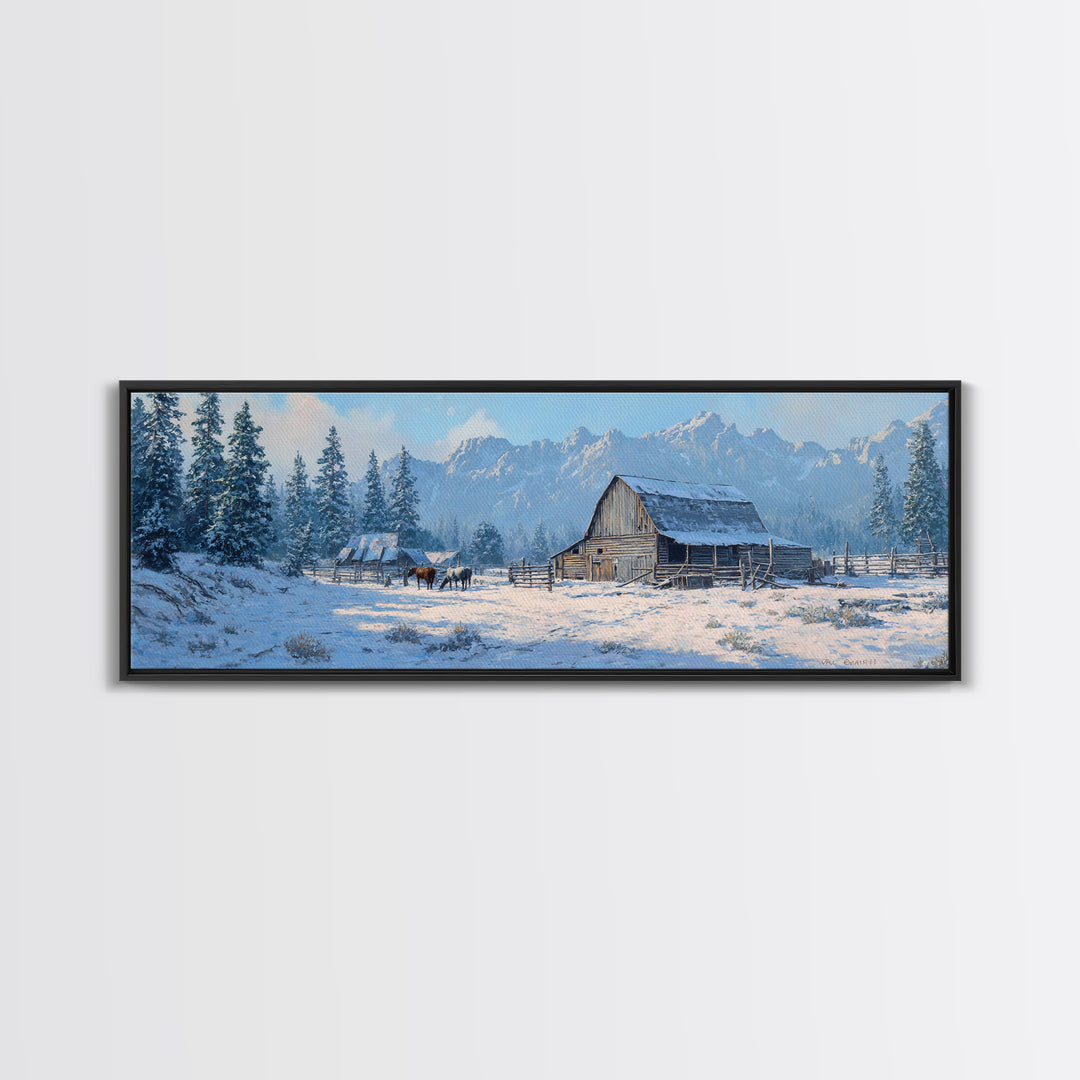 Snowy Mountain Barn Framed Canvas Print, Rustic Farmhouse Wall Art, Winter Landscape Decor, Cabin Living Room Wall Art Print