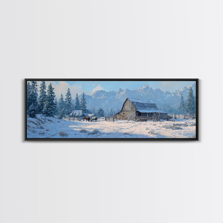 Snowy Mountain Barn Framed Canvas Print, Rustic Farmhouse Wall Art, Winter Landscape Decor, Cabin Living Room Wall Art Print