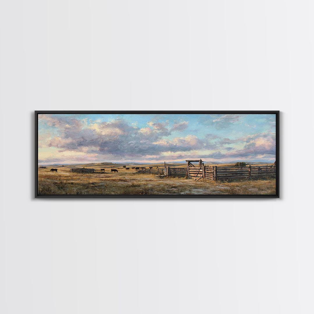 Wide Western Prairie Corral Canvas Print, Rustic Ranch Landscape Wall Art, Farmhouse Decor, Cowboy Housewarming Gift For Him
