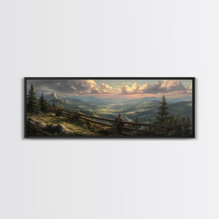 Misty Mountain Valley Landscape Wall Art, Rustic Cabin Nature Painting, Large Panoramic Decor For Living Room And Office