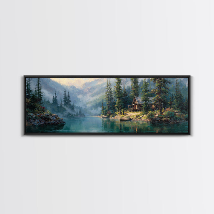 Misty Mountain Lake Cabin Wall Art, Rustic Landscape Painting, Nature Wall Decor, Lake House Canvas, Cozy Home Decor Gift
