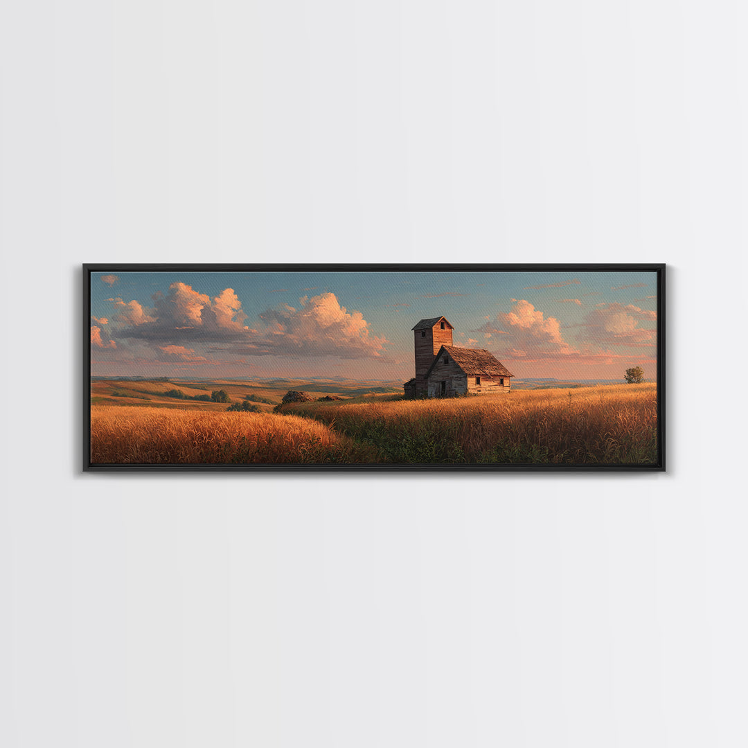 Rustic Prairie Church Framed Canvas Print, Country Landscape Wall Art, Farmhouse Home Decor, Golden Field, Housewarming Gift