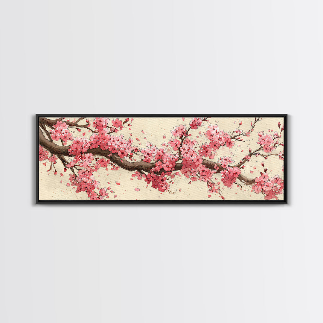 Pink Cherry Blossom Branch Wall Art, Japanese Floral Canvas Print, Botanical Wall Decor, Japandi Bedroom Art Print, Above Bed Decor