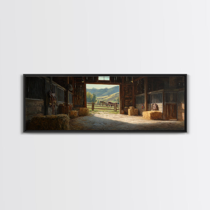 Rustic Horse Barn Interior Wall Art, Sunlit Stable Landscape Canvas Print, Equestrian Farmhouse Decor, Country Gift For Horse Lover