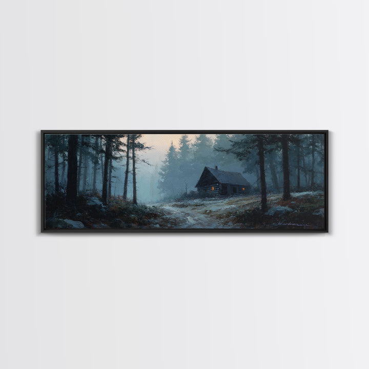 Snowy Cabin In Misty Pine Forest Wall Art, Winter Landscape Canvas Print, Rustic Cabin Decor, Cozy Nature Wall Decor, Above Bed Art