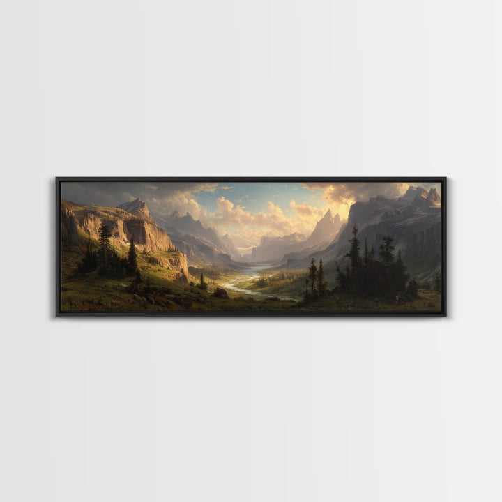 Epic Mountain Valley Sunset Framed Canvas Print, Landscape Wall Art, Rustic Home Decor, Large Nature Print, Cabin Gift Idea