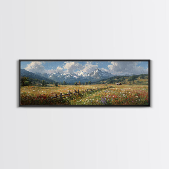 Wildflower Meadow Mountain Wall Art, Alpine Landscape Canvas Print, Rustic Farmhouse Decor, Large Living Room Art Housewarming Gift
