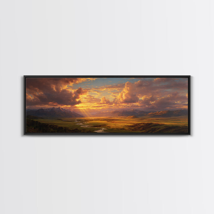 Golden Mountain Valley Sunset Wall Art, Panoramic Landscape Painting, Rustic Nature Decor For Living Room And Office Wall Decor