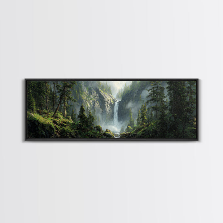 Misty Waterfall Forest Framed Canvas Print, Mountain Landscape Wall Art, Nature Wall Decor, Cabin Decor, Large Horizontal Art