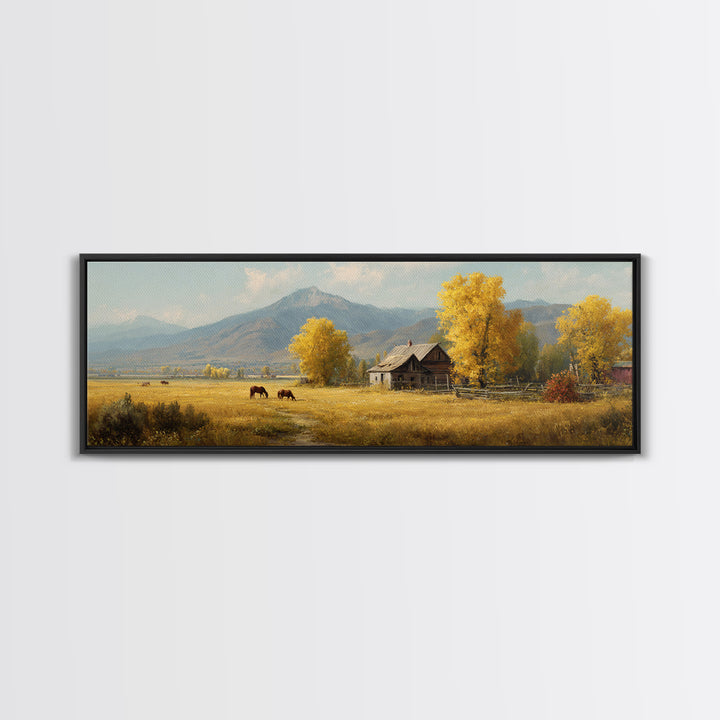 Autumn Mountain Cabin And Horses Wall Art, Rustic Farmhouse Landscape Painting, Country Home Decor, Large Canvas Print Gift