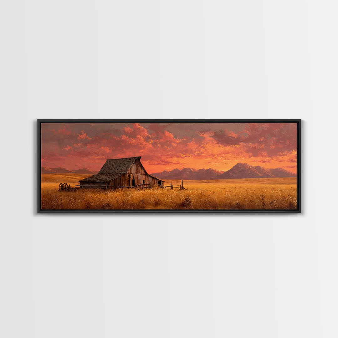 Rustic Barn At Sunset Framed Canvas Print, Western Landscape Living Room Wall Art, Farmhouse Decor, Country Home Housewarming Gift