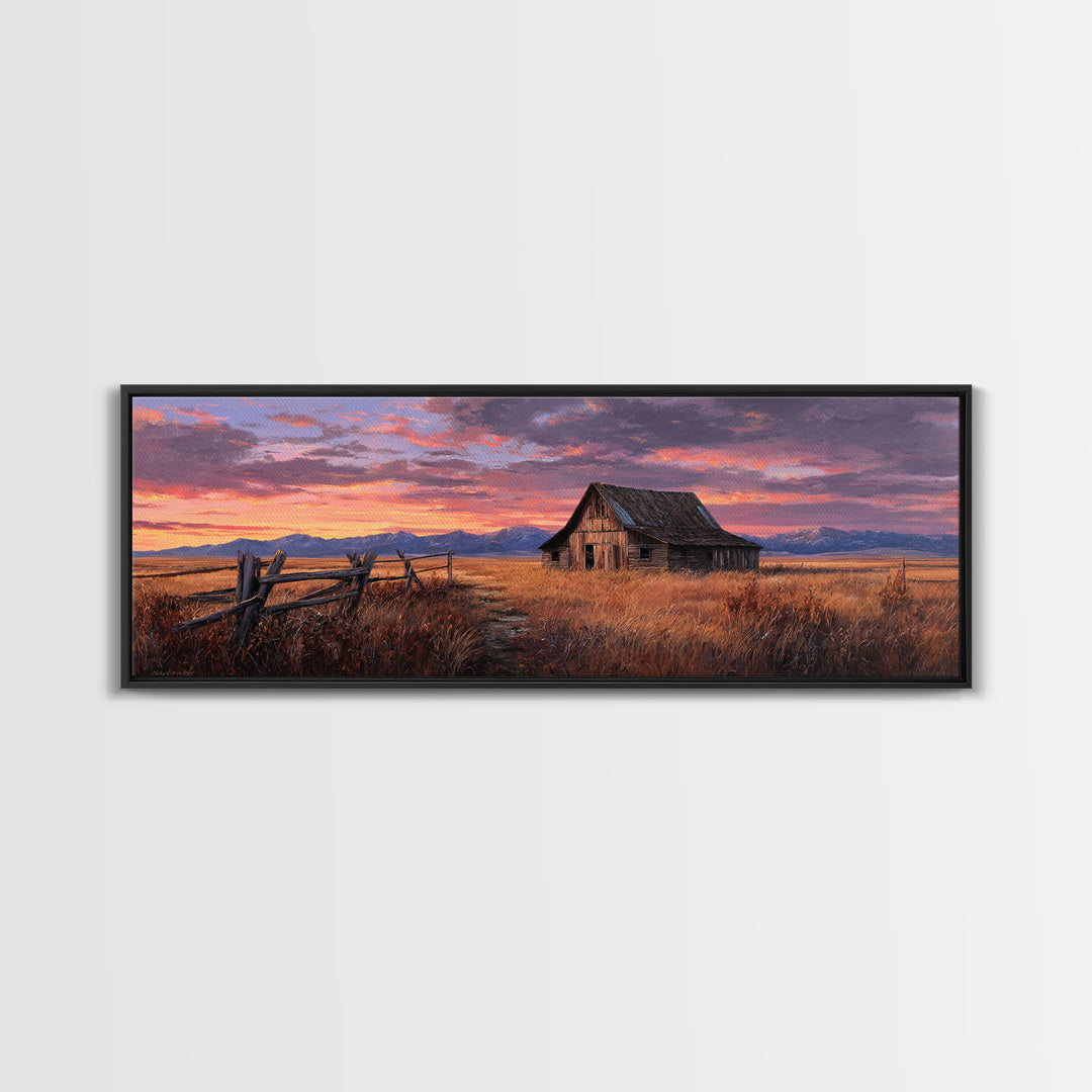 Rustic Barn Sunset Framed Canvas Print, Western Landscape Wall Art, Farmhouse Decor, Mountain Ranch Housewarming Gift For Him