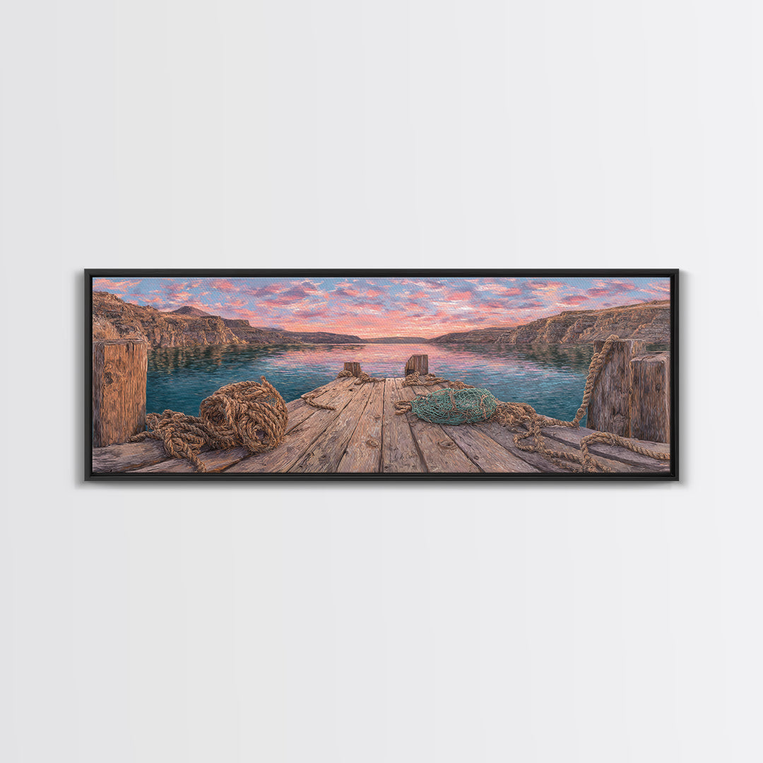 Rustic Lake Dock At Sunset Framed Canvas Print, Coastal Landscape Wall Art For Cabin Decor, Lake House, Living Room Decor