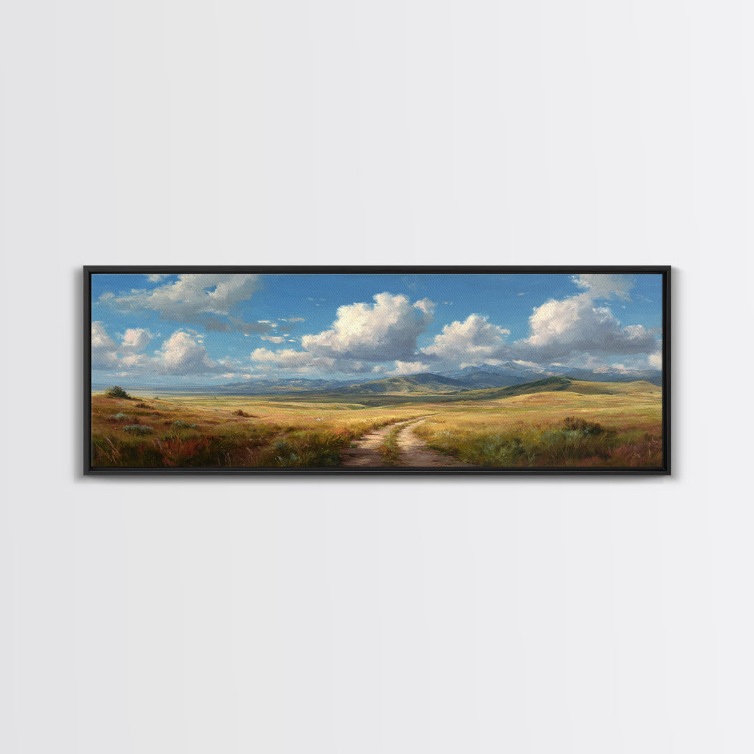 Open Prairie Path And Clouds Framed Canvas Print, Country Landscape Wall Art, Rustic Farmhouse Decor, Nature Oil Painting Print