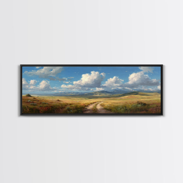 Open Prairie Path And Clouds Framed Canvas Print, Country Landscape Wall Art, Rustic Farmhouse Decor, Nature Oil Painting Print