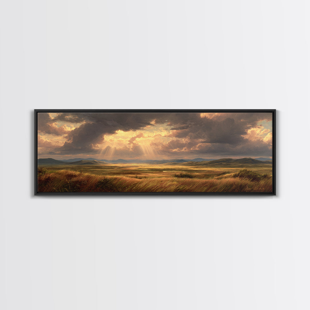 Golden Sun Rays Over Prairie Wall Art, Dramatic Sky Landscape Canvas Print, Nature Wall Decor, Rustic Living Room Art Gift