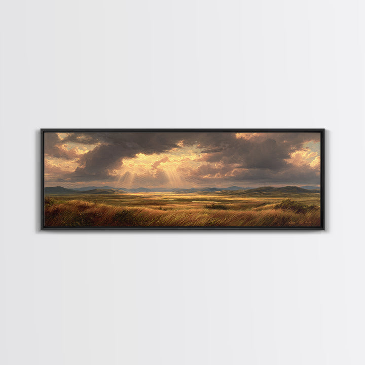 Golden Sun Rays Over Prairie Wall Art, Dramatic Sky Landscape Canvas Print, Nature Wall Decor, Rustic Living Room Art Gift