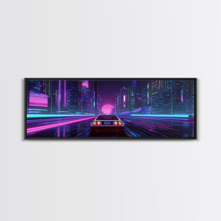 Neon Car Racing Through Cyberpunk City Canvas Print, Futuristic Wall Art, Synthwave Decor, Sci Fi Gaming Room Poster Art