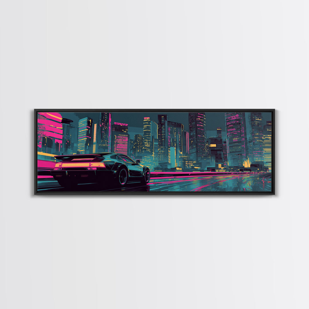 Cyberpunk Sports Car Canvas Print, Neon City Wall Art, Futuristic Gaming Room Decor, Large Synthwave Modern Wall Art Print
