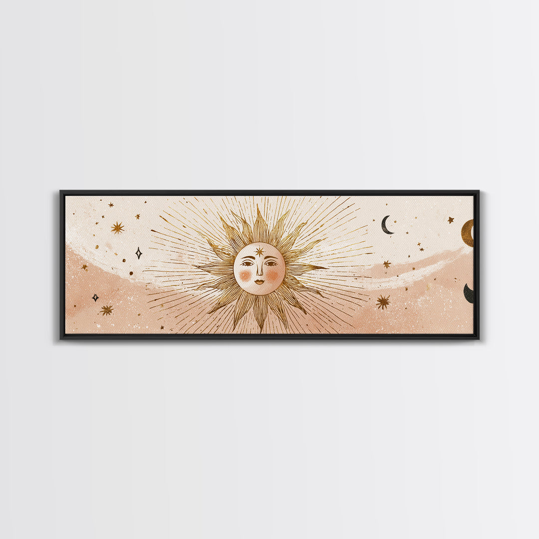 Boho Sun And Moon Wall Art, Celestial Canvas Print, Mystical Astrology Decor, Neutral Nursery And Bedroom Wall Decor, Above Bed Art