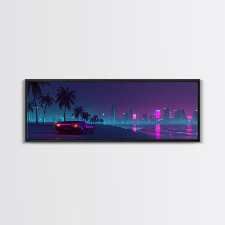 Neon Cyberpunk City Beach Wall Art, Retro Futuristic Canvas Print, Vaporwave Decor For Gaming Room And Modern Office Decor