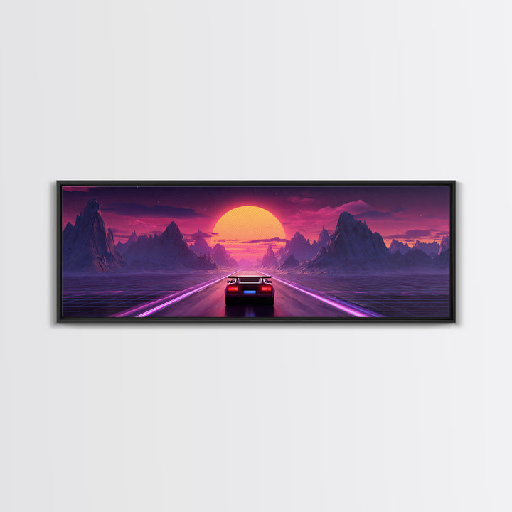 Retro Futuristic Car Road Canvas Print, Cyberpunk Mountain Wall Art, Neon Synthwave Gaming Room Decor, Sci Fi Poster, Gift For Him