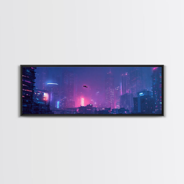 Cyberpunk Neon City Skyline Wall Art, Futuristic Framed Canvas Print, Sci Fi Urban Decor, Gaming Room Wall Decor, Large Print