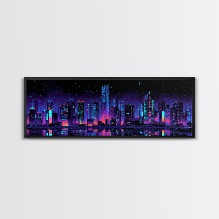 Neon Cyberpunk City Skyline Wall Art, Futuristic Urban Canvas Print, Vaporwave Gaming Room Decor, Sci Fi Office Poster Art