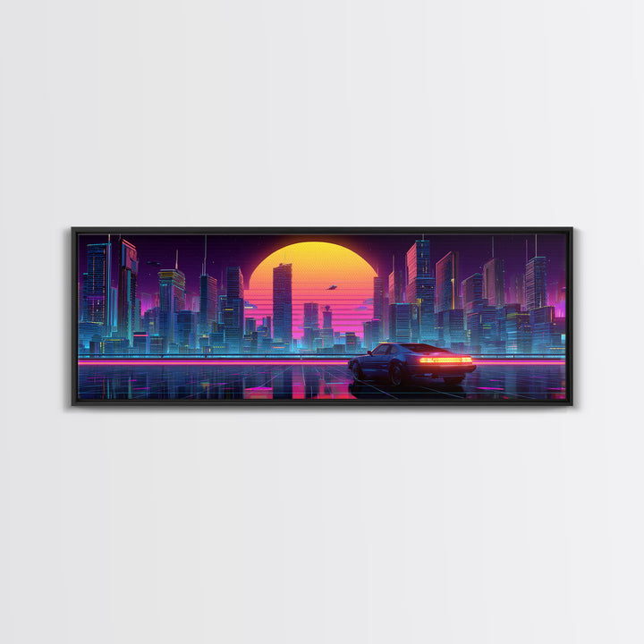 Neon Cyberpunk City Car Canvas Print, Futuristic Wall Art, Sci Fi Poster, Gaming Room Decor, Vaporwave Modern Home Decor