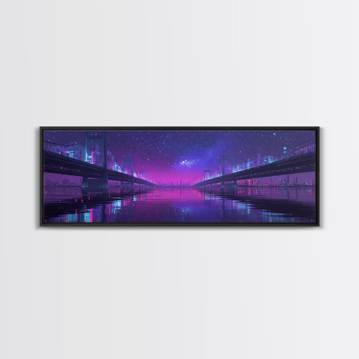 Neon Twin Bridges Over City Water, Cyberpunk Wall Art, Futuristic Canvas Print, Sci Fi Urban Decor, Gaming Room Art, Office Decor