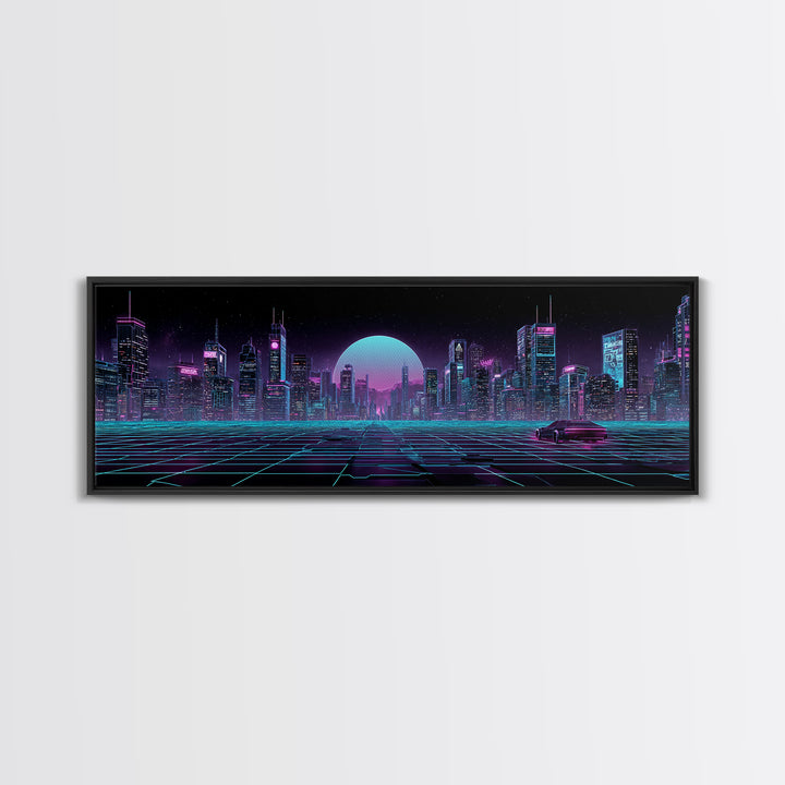 Futuristic Neon Skyline And Grid Highway, Cyberpunk Wall Art, Synthwave Canvas Print, Gaming Room Decor, Office Wall Decor