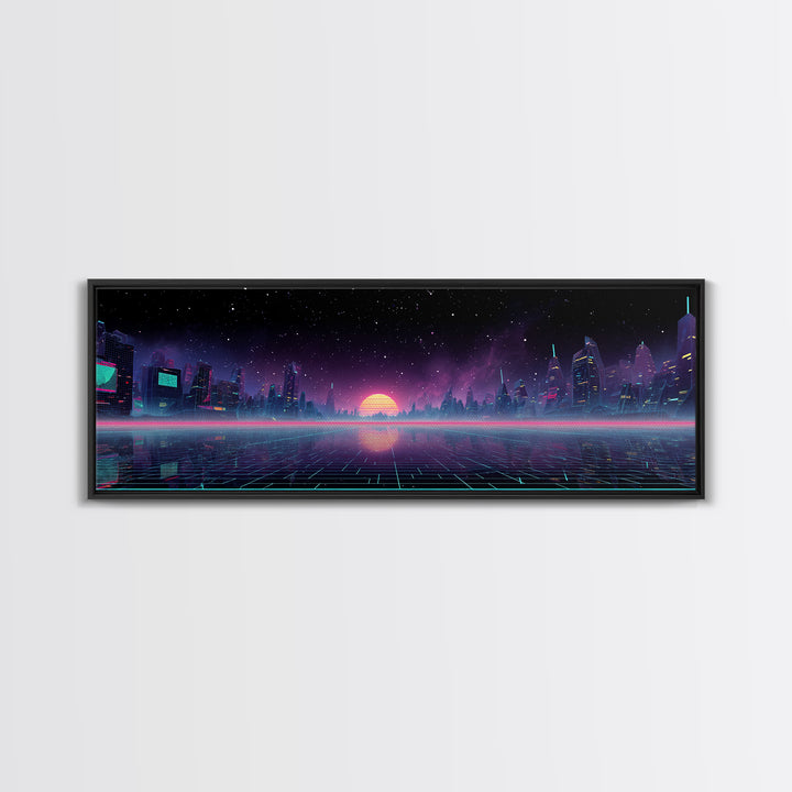 Futuristic Neon City Skyline Wall Art, Cyberpunk Grid Landscape, Sci Fi Poster, Vaporwave Decor, Gaming Room Canvas Print