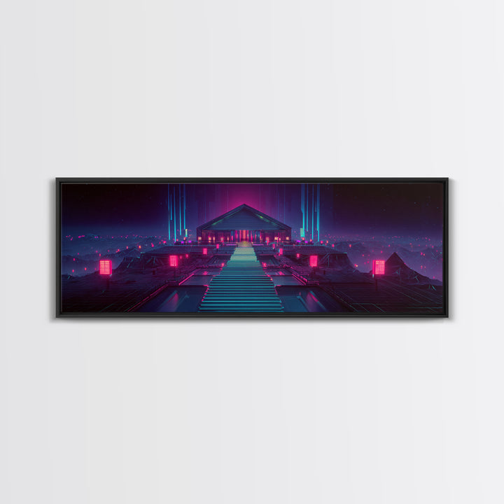 Neon Cyberpunk Temple Stairway Canvas Print, Futuristic Wall Art, Sci Fi Gaming Room Decor, Modern Statement Artwork For Office