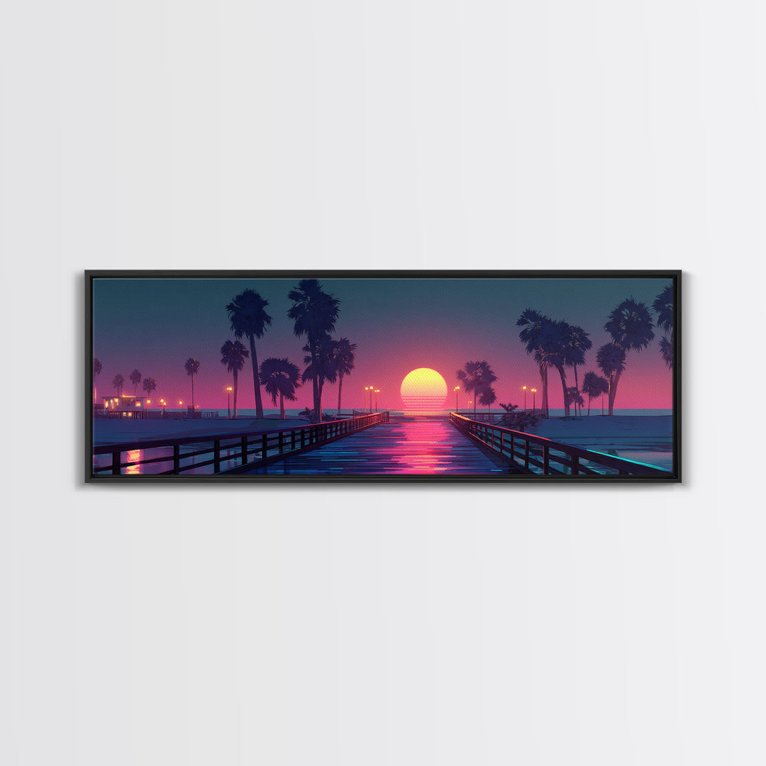 Sunset Pier With Palm Trees Canvas Print, Tropical Beach Wall Art, Coastal Vaporwave Decor For Bedroom And Living Room Wall Decor