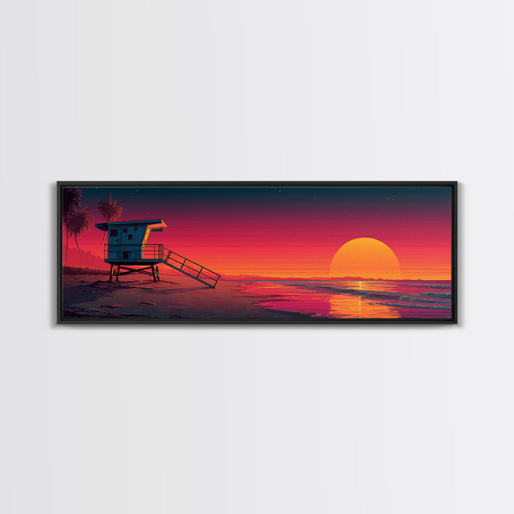 Retro Lifeguard Tower Sunset Canvas Print, Beach Wall Art, Coastal Decor, Vaporwave Poster, Summer Ocean Home Decor, Beach House Gift
